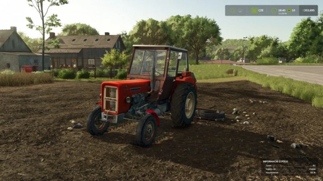 FS25 Ursus c 360 v1.0.0.0 mod showcasing a classic red tractor on a farm in Farming Simulator 25.