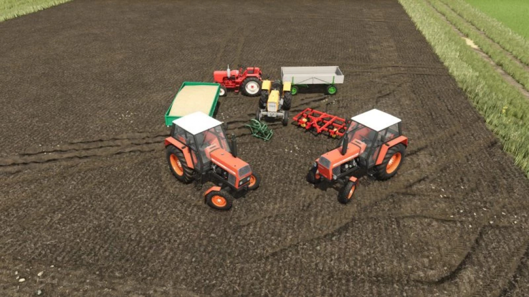 FS25 W?ademirec T25 mods display tractors and equipment on a farm field for Farming Simulator 25.