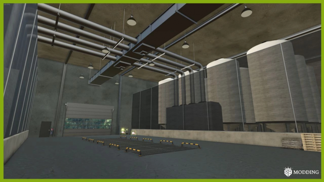 Interior view of Farm Silo Deluxe mod for FS25, showing large silos and industrial pipes in a modern storage facility.