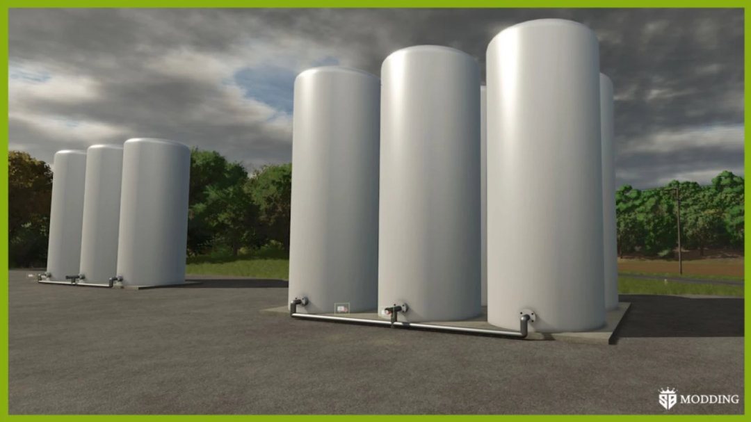 FS25 mod image showing Farm Silo Deluxe v1.0.0.0 with large cylindrical silos in a field setting.