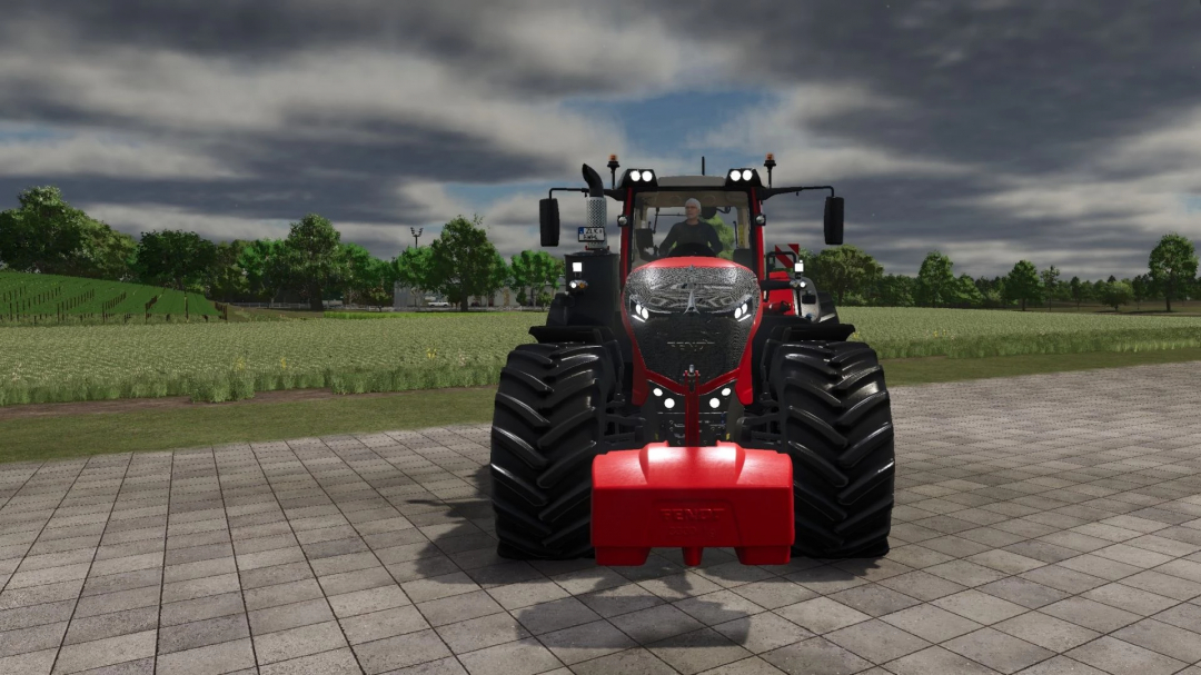 Fendt 1000 Vario Turbo in FS25 mod, parked on a farm field with a cloudy sky.