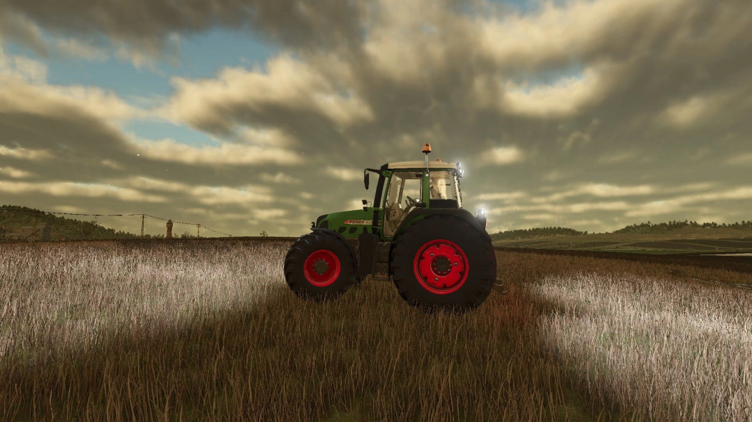 Fendt Vario TMS tractor mod in FS25, featured in a field setting under a cloudy sky.