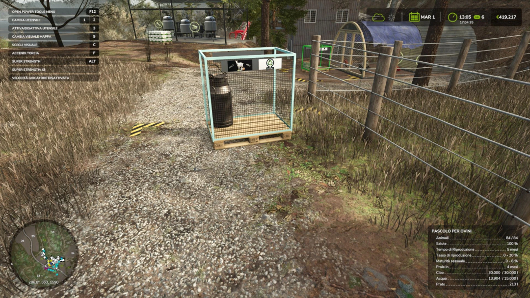 Fillable pallet for wool near a fence in FS25 mod gameplay.