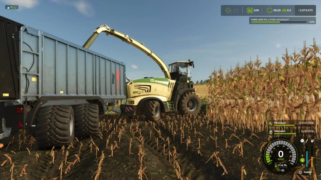 FS25 mod Fliegl ASW 271 trailer being filled with harvested corn on a field.