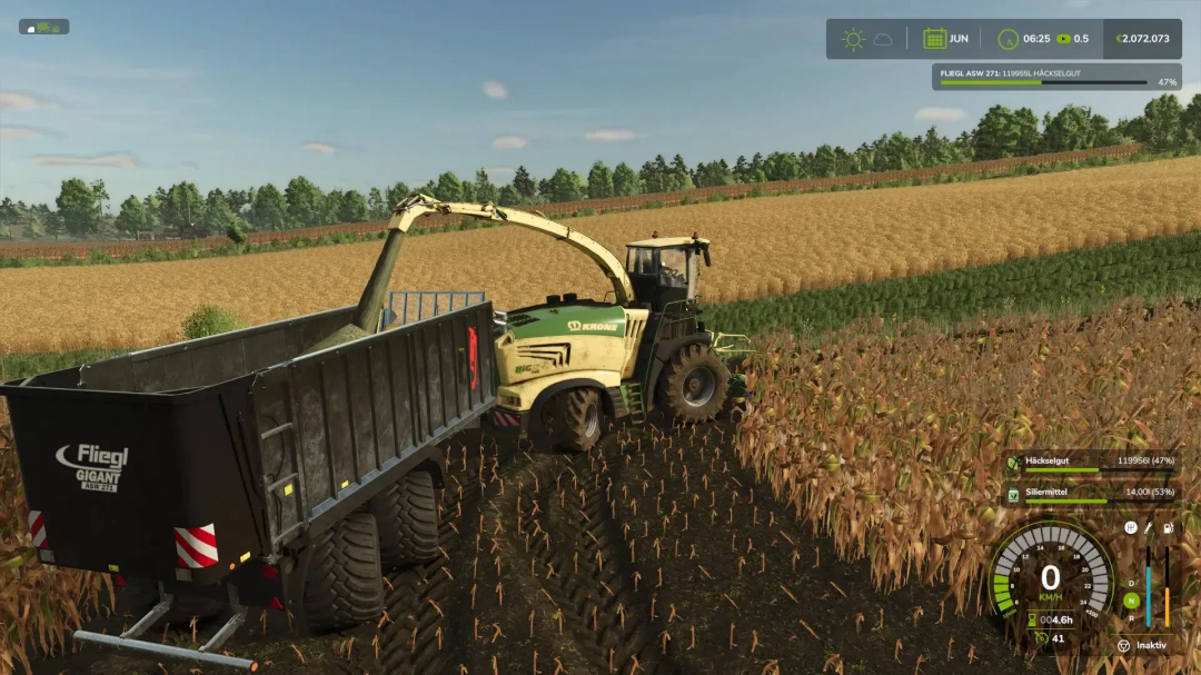 FS25 mod Fliegl ASW 271 Unreal v1.0.0.0 trailer collecting crops in a field, showcasing farming equipment in Farming Simulator 25.