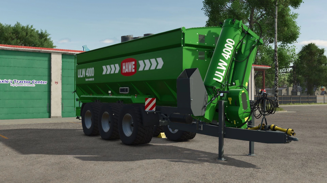 FS25 mod Hawe ULW 4000 v1.0.0.0, a green agricultural trailer, parked outside a tractor center.