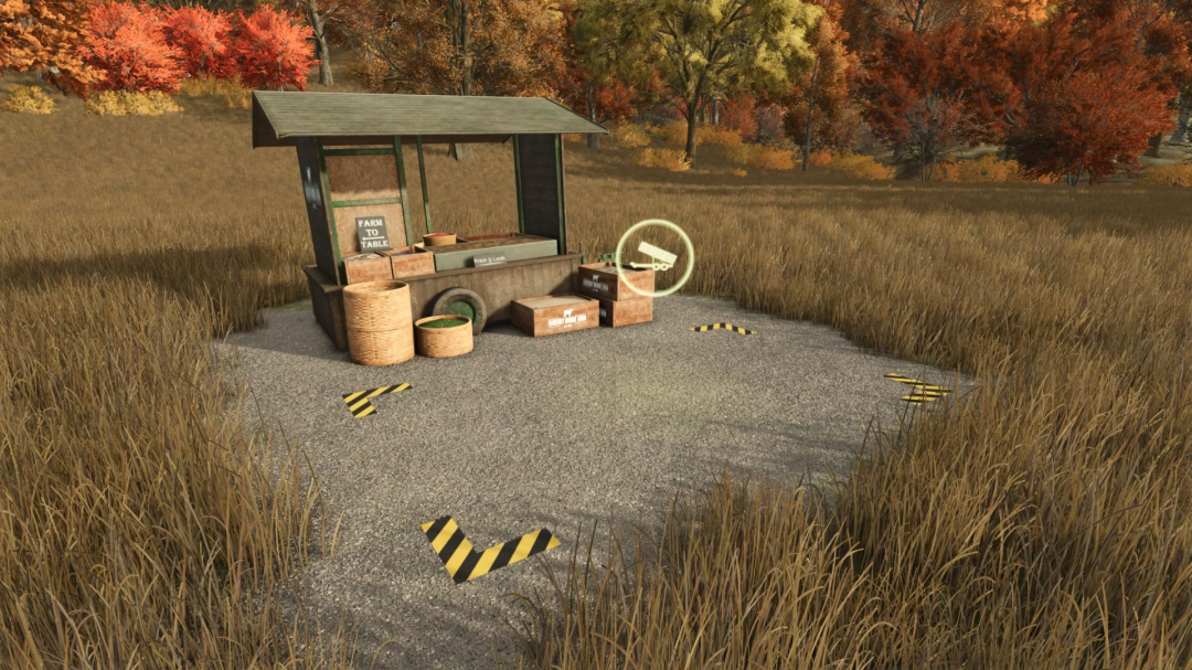 FS25 mod Hemp Growing v1.0.0.0, showing a farm stall with baskets and crates in an autumn field.