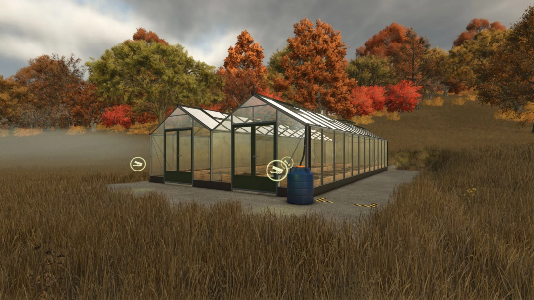 FS25 Hemp Growing mod v1.0.0.0 showcase, featuring a greenhouse in an autumn landscape.