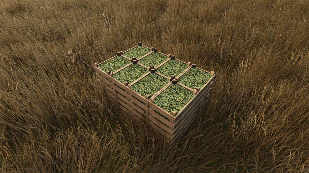 FS25 Hemp Growing mod showing wooden crates filled with harvested hemp in a field.