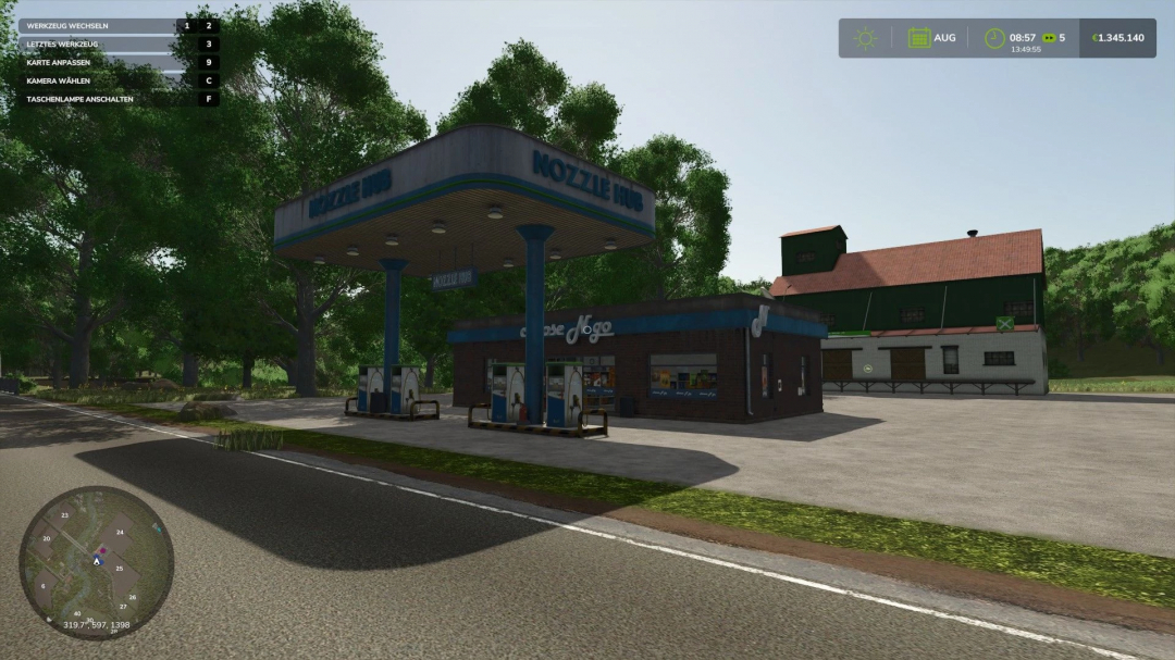 FS25 HermannsEck mod image showing a gas station labeled Nozzle Hub with a shop, surrounded by trees.