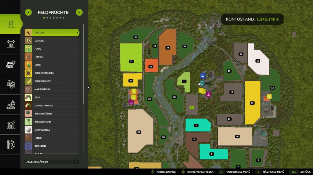 FS25 HermannsEck mod map overview showing crop types and field numbers with balance details.