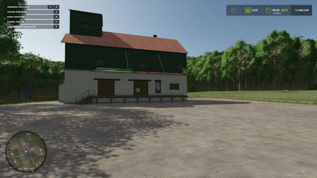 Farming Simulator 25 HermannsEck mod featuring a rustic green and red-roofed building surrounded by lush trees.