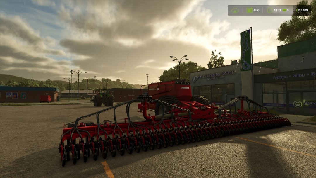 FS25 mod Horsch Avatar 1225 SD parked outside Axle's Tractor Center, showcasing advanced farming equipment.