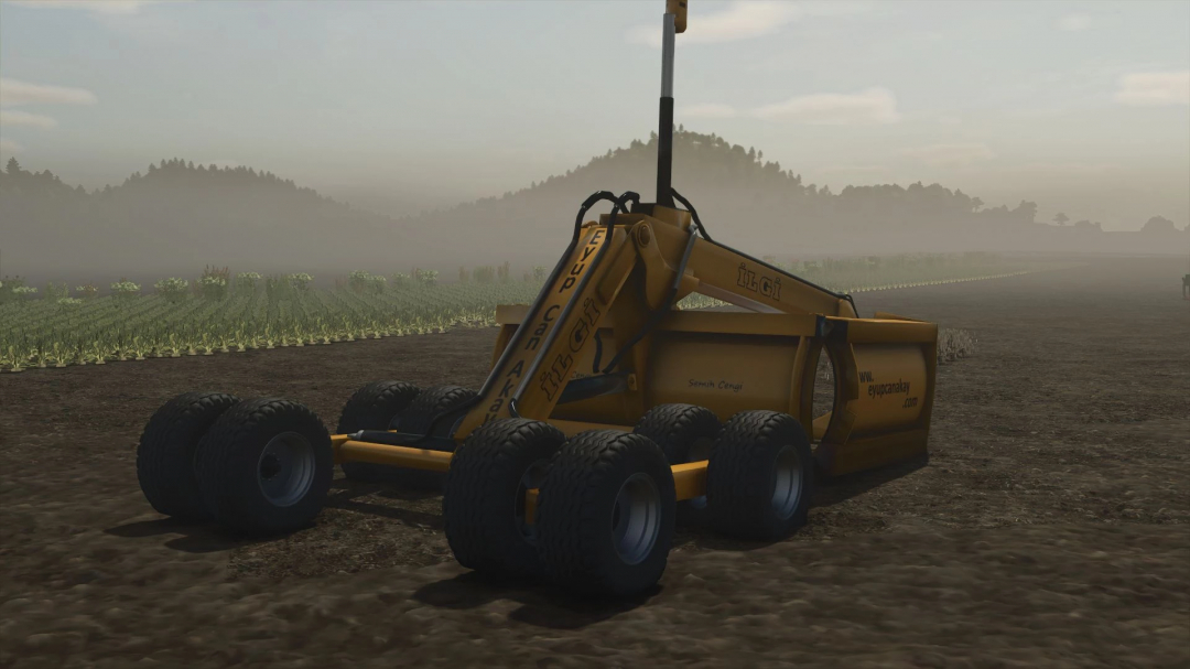 FS25 mod Ilgi Laser Leveling v1.0.0.0 shown on a farm field, featuring yellow leveling equipment with multiple wheels for precision farming.