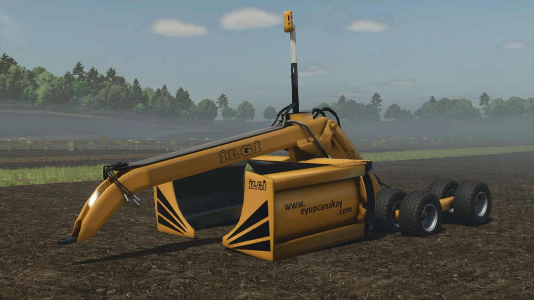 FS25 mod Ilgi Laser Leveling v1.0.0.0, a yellow agricultural leveling machine on a field.