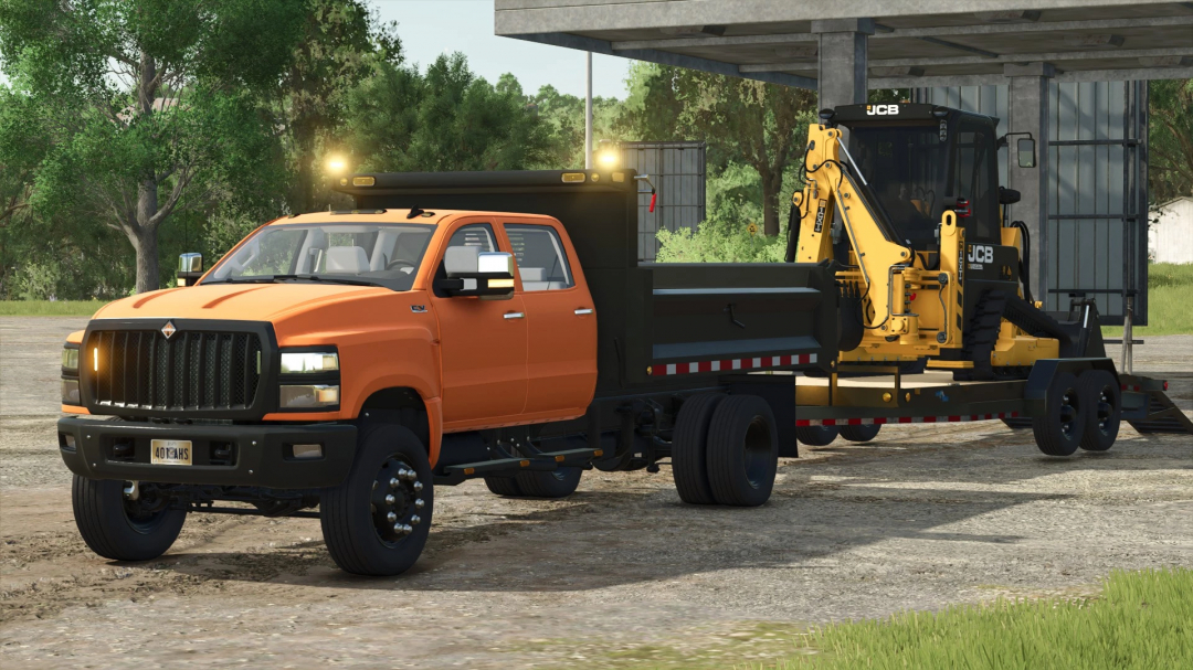 International CV Series truck in FS25 mod towing JCB backhoe. Perfect for Farming Simulator 25 public works scenarios.