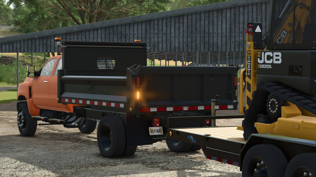 International CV Series truck mod in FS25 with public works design, showcasing a JCB EasyControl loader in Farming Simulator 25 mods.