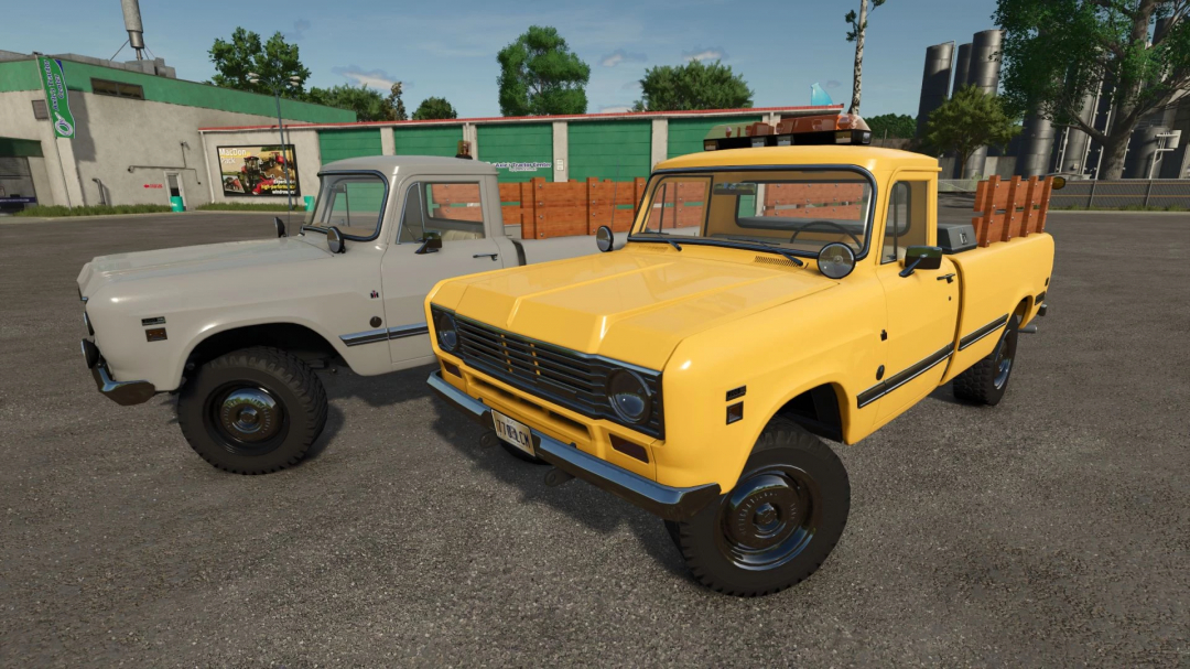 International Series 200 trucks in FS25 mod showcasing a yellow and a beige truck in Farming Simulator 25.