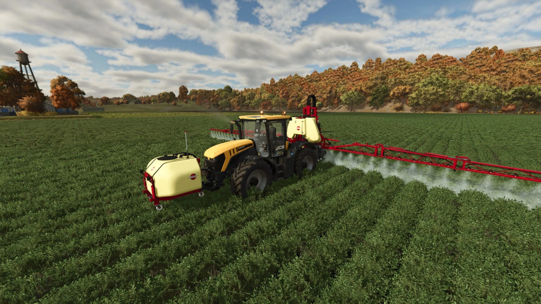 JCB Fastrac 4220 tractor spraying crops in FS25 mod, lush green field with trees in the background.