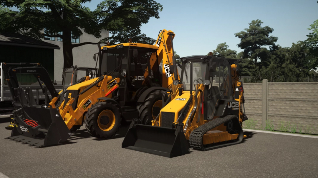 FS22 mods showcase JCB 1CXt excavators parked outdoors in Farming Simulator 22.