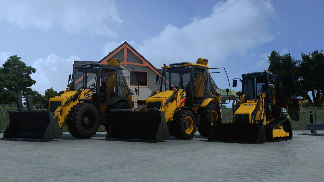 Three JCB loaders parked on concrete in FS22 Jcb 1cxt v1.0.0.0 mod.