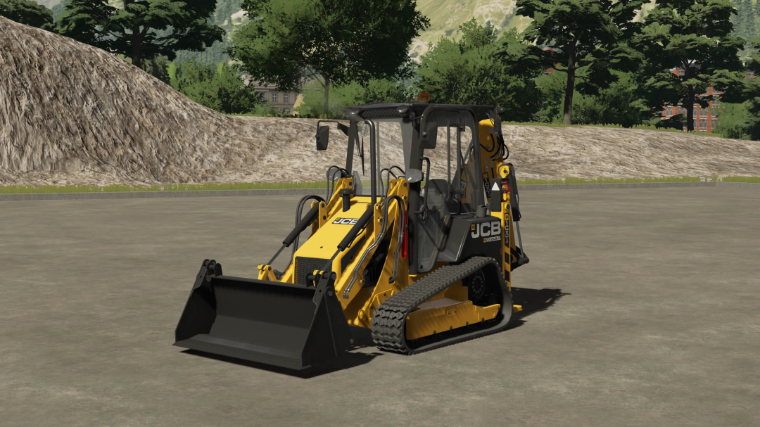 JCB 1CXT mod in FS22 game, featuring yellow loader with backhoe, parked on concrete with trees in background. Farming Simulator 22 mod.