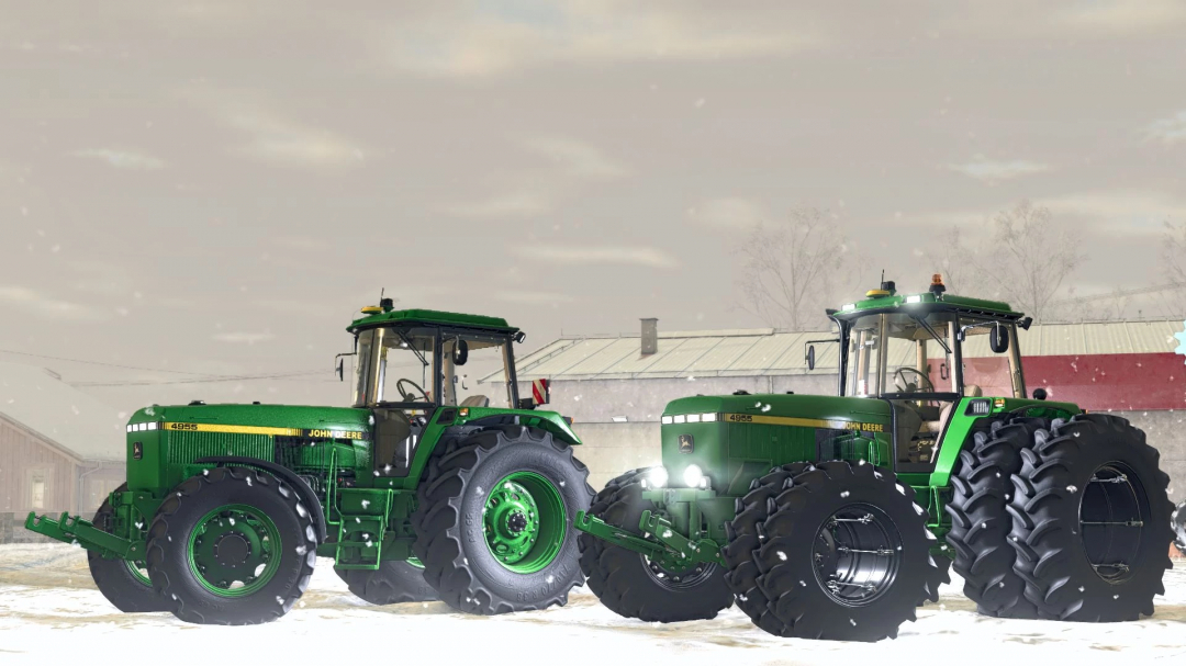 Two John Deere 4955 tractors mod in FS25 with snow background.