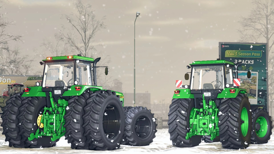 Two John Deere 4955 tractors in snow, showcasing FS25 mod version 1.1.0.0 in Farming Simulator 25.