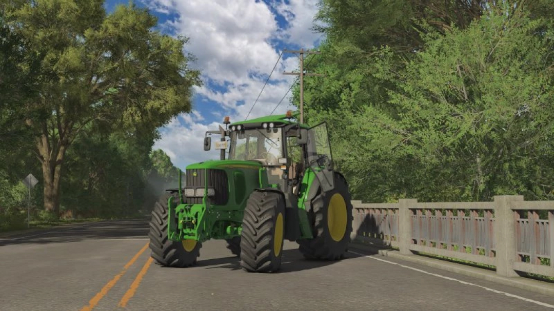 John Deere 6x20 Series tractor on a rural road in FS25 mod by Kiz220.