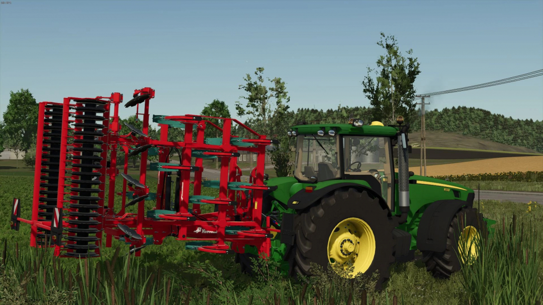 FS25 mod featuring John Deere 8030 tractor with a red Kverneland cultivator in a field.