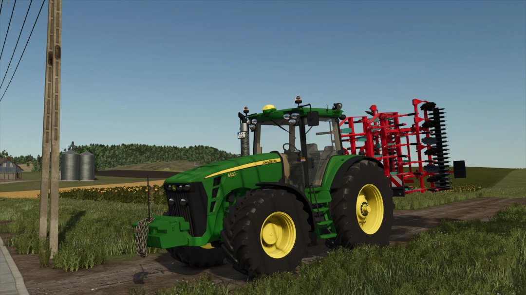 John Deere 8030 Series mod in Farming Simulator 25, featuring a green tractor on a farm path.