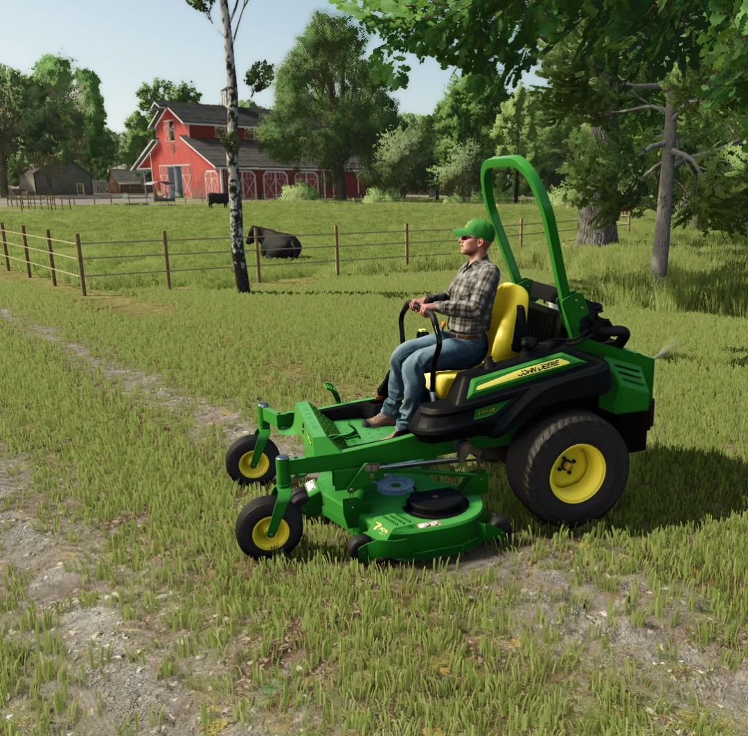 John Deere Z944R ZeroTurn Mower in FS25 mod with farmer near barn.