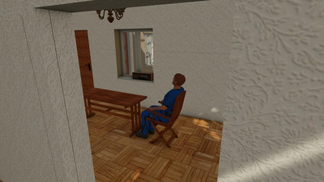 Interior of Kádár Kocka House mod in FS25 featuring a person sitting at a wooden table near a window.