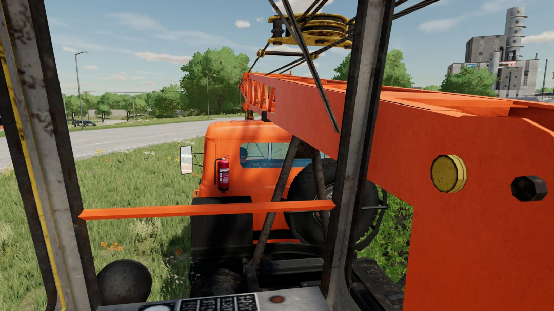 FS22 mods KrAZ 250 KS4561 v1.0.0.0 crane truck in Farming Simulator 22, featuring a bright orange crane arm in a grassy field.