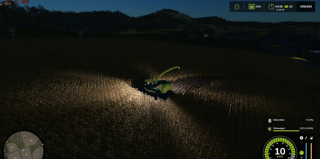 Krone Big X 1180 with Tank mod in FS25 harvesting at night.