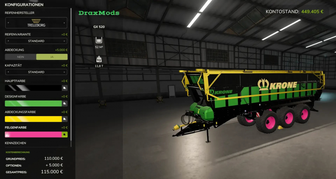 FS25 mod Krone GX520 by DraxMods v1.0.0.0 shown in customization menu; features include Trelleborg tires and design color options.