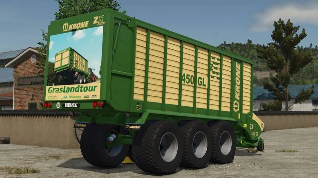 Krone ZX Pack v1.0.0.0 mod for Farming Simulator 25 showing a green and yellow forage wagon in a rural setting.