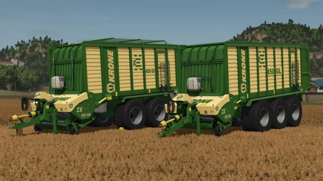 Krone ZX Pack v1.0.0.0 FS25 mod featuring two green forage wagons in a field.