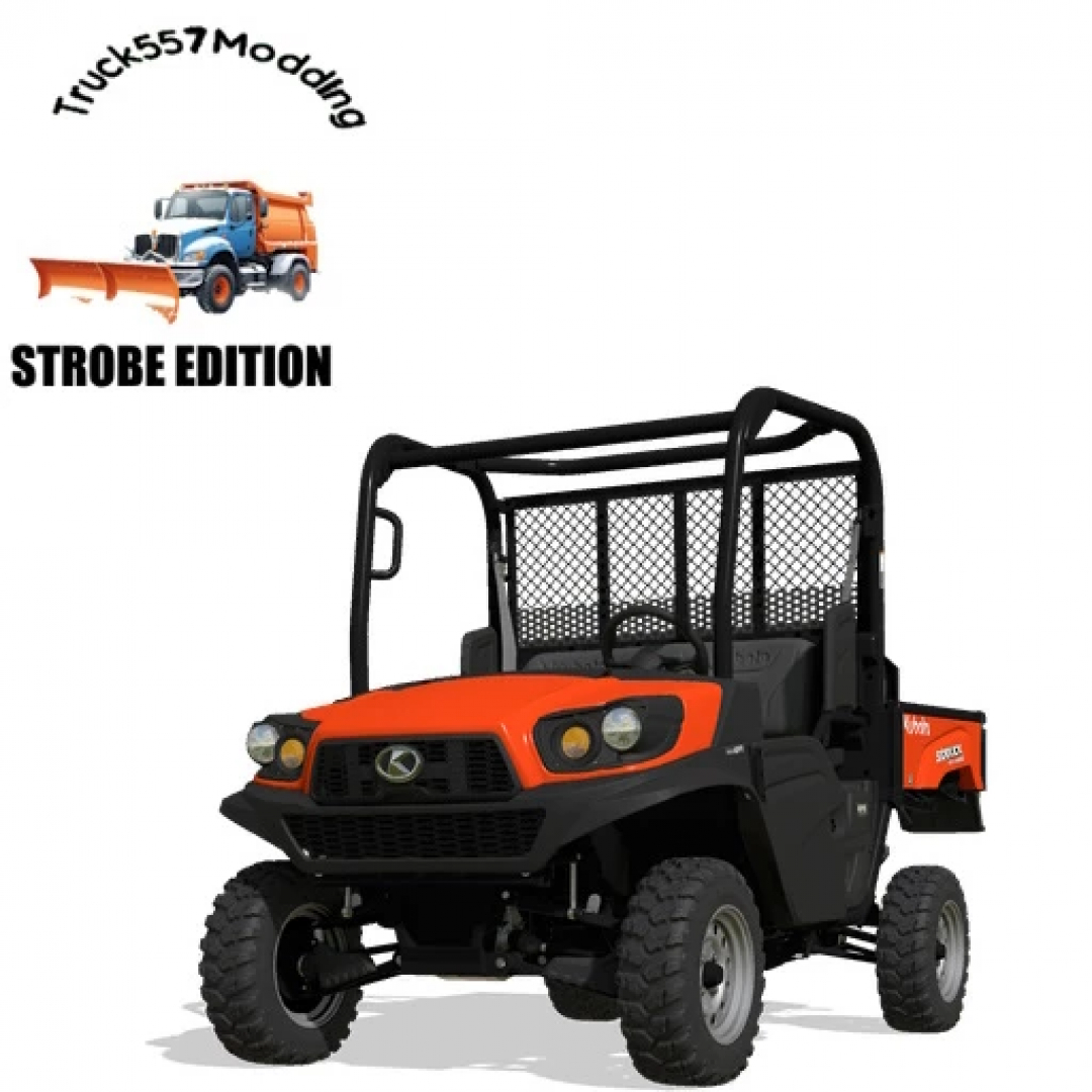 Kubota RTVXG850 UTV Strobe Edit mod for FS25, showcasing an orange utility vehicle with strobe lights by Truck557Modding.