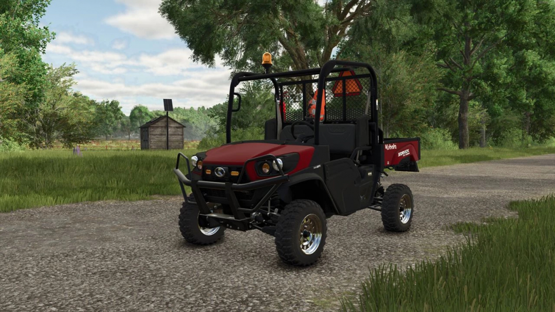 Kubota XG850 Sidekick mod in FS25, displayed on a gravel path with lush greenery background.