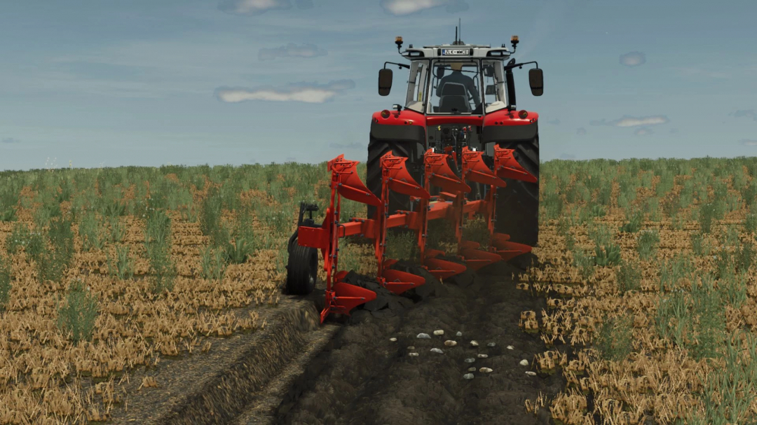 FS25 mod Kuhn / Huard Master 120 plow in action on a field in Farming Simulator 25.