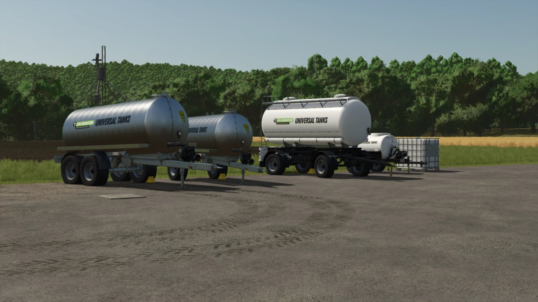 FS25 mods featuring LSFM Universal Tank Pack v1.0.0.0, showcasing multiple tank trailers in a rural setting for Farming Simulator 25.