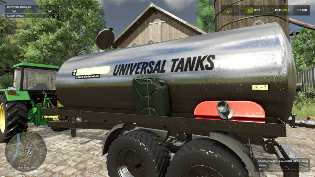 FS25 mod displaying LSFM Universal Tank attached to a tractor on a farm.