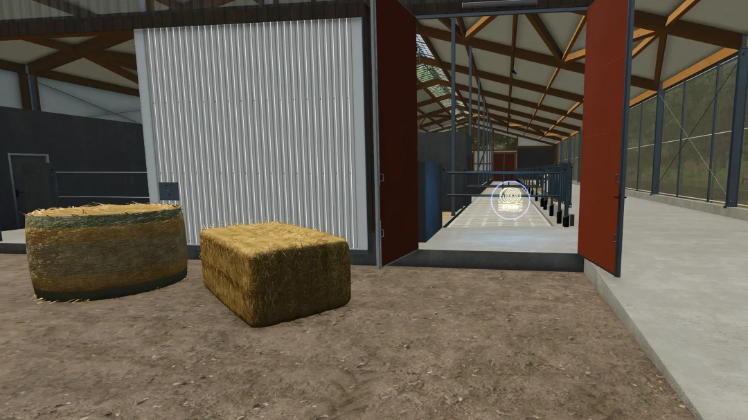 FS25 mod: Large cowshed with wooden facade shown with hay bales outside.