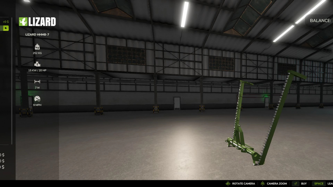 Lizard Cutting Bars in Farming Simulator 25 show specifications in a warehouse.