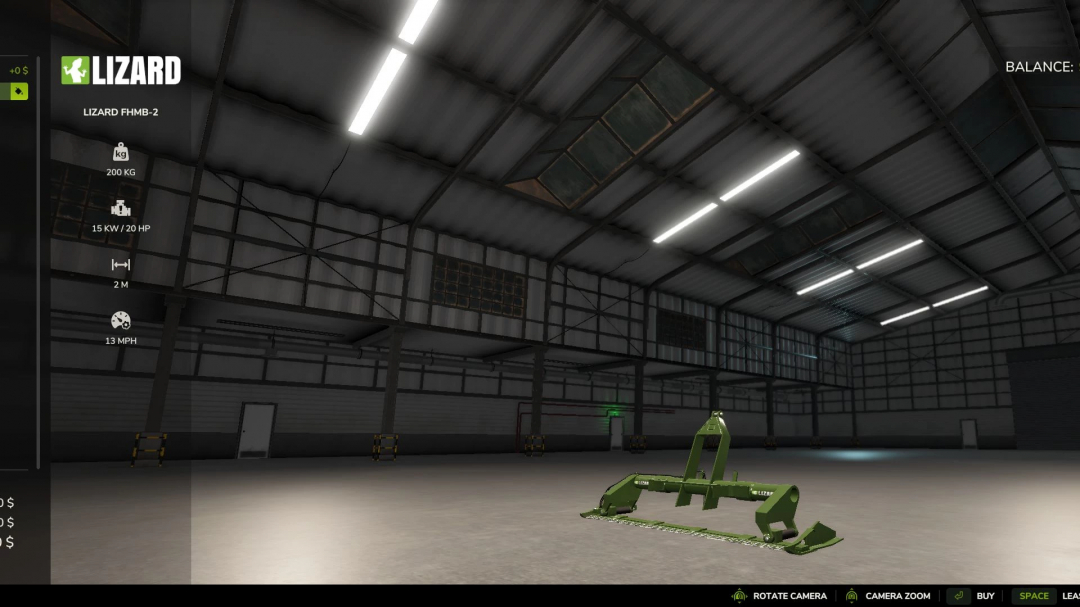 FS25 mod Lizard Cutting Bars v1.0.0.0 displayed in a warehouse, highlighting specifications like 200 kg weight and 2 m width.