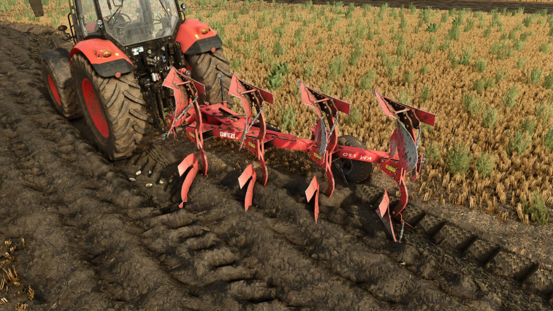 FS25 mod Lizard KM180 4+1+1 plow attached to tractor in a field. Farming Simulator 25 gameplay.