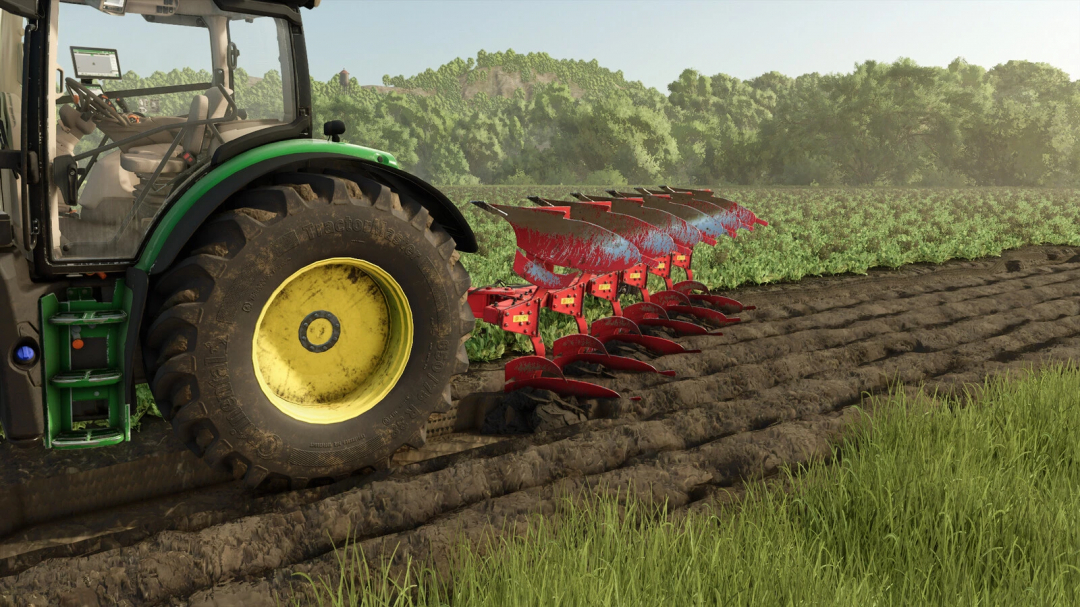 FS25 mod Lizard KM180 4+1+1 v1.0.0.0, tractor plowing a field with vibrant green crops and rural scenery.