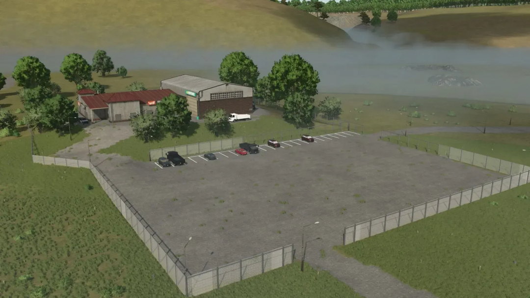 LoneHills Map v1.0.4.0 for FS25 showcases a parking lot next to industrial buildings, surrounded by greenery and hills.