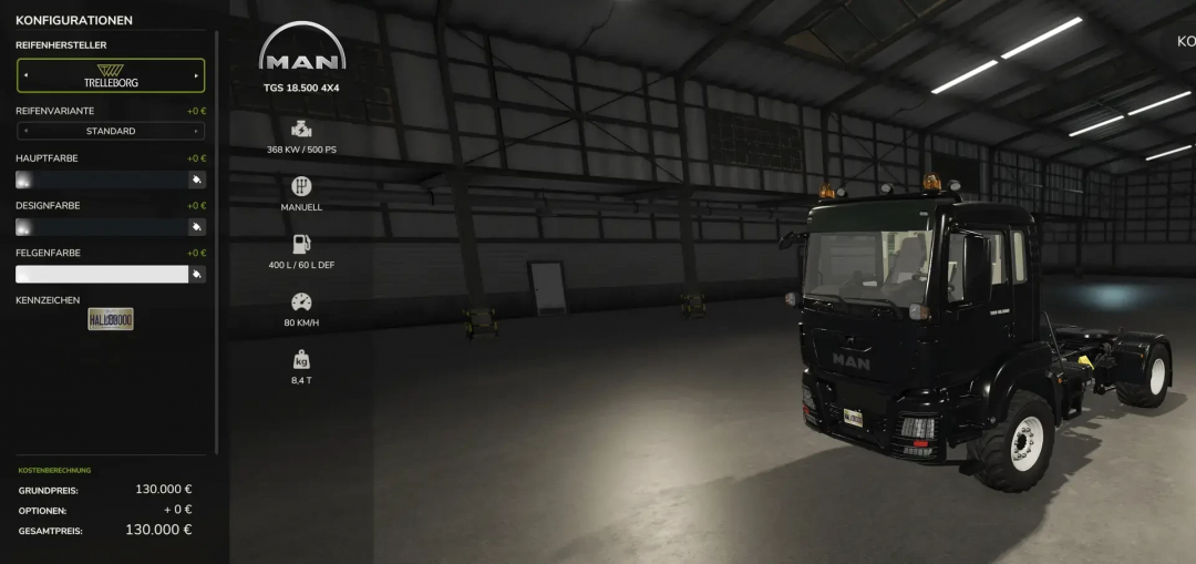 FS25 mod MAN TGS 18500 v1.0.0.3 in a garage with configuration options visible on the screen.